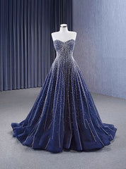 Navy Blue Tulle Sweetheart Beading Prom Dresses