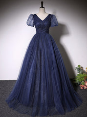 Navy Blue Tulle V-neck Short Sleeve Prom Dresses