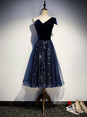 Navy Blue Tulle Velvet One Shoulder Tea Length Prom Dresses