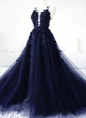 Navy Blue Tulle With Lace Applique Party Dresses, Navy Blue Tulle Prom Dresses