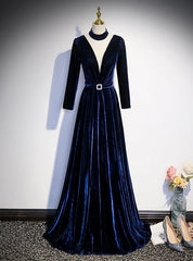 Navy Blue Velvet Long Sleeve Pleats Prom Dresses