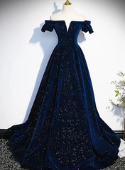 Navy Blue Velvet Off Shoulder Long Party Dresses, Navy Blue Prom Dresses Formal Dresses