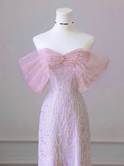 New Arrival A line Off The Shoulder Short Sleeves Pleated Sequin Pink Floor Length Prom Dresses