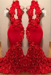 New Arrival Red Keyhole Mermaid Flowers Halter Sleeveless Long Prom Dresses