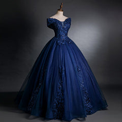 Off Shoulder Navy Blue Long Sweet 16 Gown Blue Tulle with Lace Prom Dresses prom Dresses shops