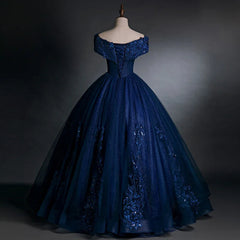 Off Shoulder Navy Blue Long Sweet 16 Gown Blue Tulle with Lace Prom Dresses prom Dresses shops