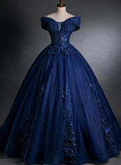 Off Shoulder Navy Blue Long Sweet 16 Gown Blue Tulle with Lace Prom Dresses prom Dresses shops