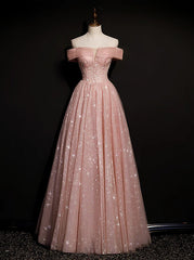 Off Shoulder Pink Tulle Long A-line Prom Dress with Beadings, Pink Long Party Dress Evening Dress