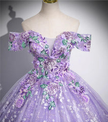 Off Shoulder Purple Lace Sweetheart Party Dress, Purple Sweet 16 Dress