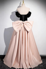 Off the Shoulder Black Pink Satin Long Prom Dresses, Pink Black Long Formal Evening Dresses