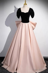 Off the Shoulder Black Pink Satin Long Prom Dresses, Pink Black Long Formal Evening Dresses