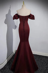 Off the Shoulder Burgundy Satin Long Prom Dresses, Wine Red Mermaid Formal Evening Dresses