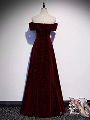 Off the Shoulder Burgundy Velvet Long Prom Dresses, Wine Red Long Formal Graduation Dresses