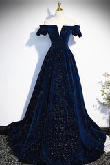 Off the Shoulder Dark Navy Blue Long Prom Dresses, Dark Navy Blue Long Formal Evening Dresses