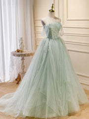 Off the Shoulder Green Tulle Long Prom Dresses, Green Off Shoulder Long Formal Evening Dresses