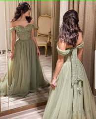 Off the Shoulder Mint Green Prom Dress Beaded Long Prom Dresses, Off Shoulder Green Long Formal Evening Dresses