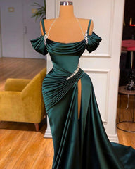 Off-the-Shoulder Prom Dresses with Long Slit in Green