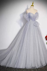 Off the Shoulder Shiny Gray Long Prom Dresses, Off Shoulder Gray Long Formal Evening Dresses