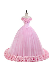 Off the Shoulder Sweet 16 Dresses Pink 3D Flowers Tulle Quinceanera Dresses