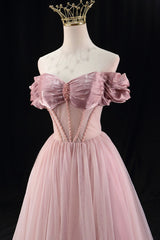 Off the Shoulder Sweetheart Beaded Tulle Long Prom Dresses, A-Line Pink Evening Dresses