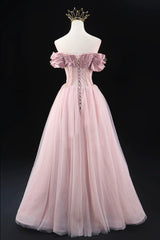 Off the Shoulder Sweetheart Beaded Tulle Long Prom Dresses, A-Line Pink Evening Dresses