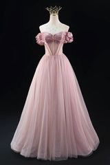 Off the Shoulder Sweetheart Beaded Tulle Long Prom Dresses, A-Line Pink Evening Dresses