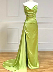 Olive Green Mermaid Satin Strapless Pleats Prom Dresses