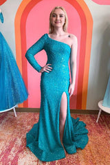 One Shouder Long Sleeves Sequins Mermaid Prom Dress with Slit