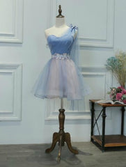 One Shoulder Blue Tulle Homecoming Dresses