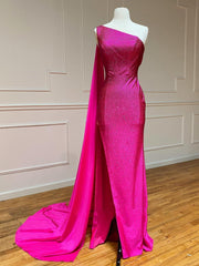 One Shoulder Glitter Mermaid Pink Long Prom Dresses