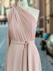 One Shoulder Pink Rustic Bridesmaid Dress Long Maxi Wedding Dress