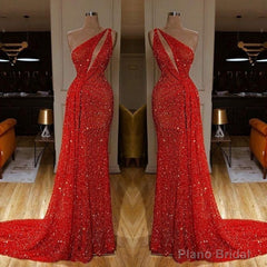 One Shoulder Red Prom Dress Sequins Long On Sale
