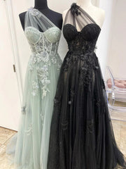 One Shoulder Tulle with Lace Applique High Slit Party Dresses, Tulle Formal Prom Dresses