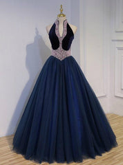 Online Store Navy Blue Ball Gown Tulle Velvet V-neck Pearls Quinceanera Dresses