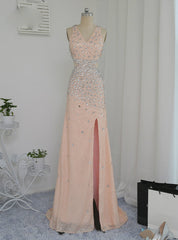 Open Back Prom Dresses A-line V-neck Champagne Slit Sexy Sequins Crystals