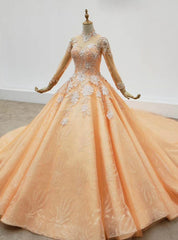 Orange Ball Gown Tulle High Neck Long Sleeve Sequins Appliques Wedding Dresses