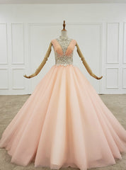 Orange Ball Gown Tulle Pleats Backless High Neck Beading Crystal Wedding Dresses