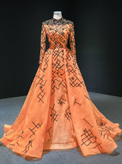 Orange Ball Gown Tulle Sequins Long Sleeve High Neck Prom Dresses