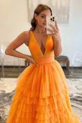 Orange Deep V-Neck Tiered Prom Dress