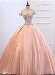 Orange Pink Satin Off the Shoulder Appliques Quinceanera Dresses