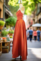 Orange Satin Prom Dresses A-line Square Neckline Spaghetti Straps Sweep Train Evening Dresses