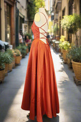 Orange Satin Prom Dresses A-line Square Neckline Spaghetti Straps Sweep Train Evening Dresses