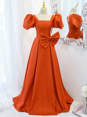 Orange Satin Puff Sleeve Prom Dresses With Bow