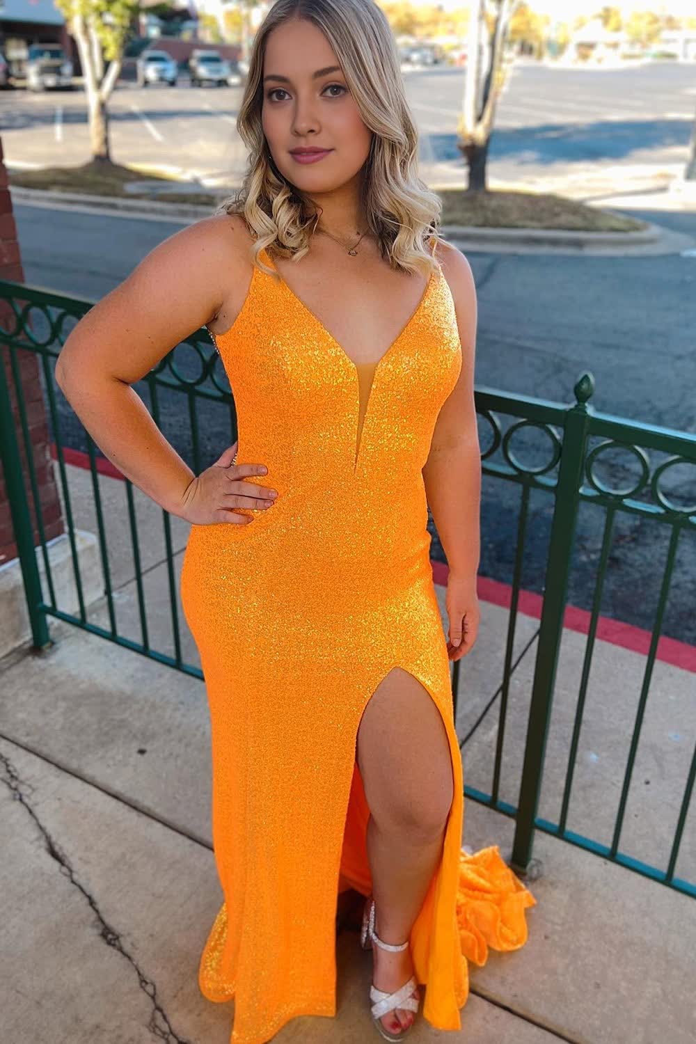 Orange Sequins Mermaid Prom Dress with Slit