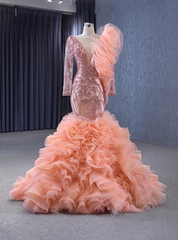 Orange Tulle Beading Long Sleeve Prom Dresses