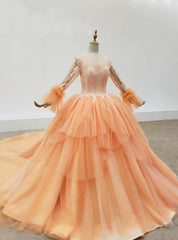 Orange Tulle Long Sleeve Lace Appliques Wedding Dresses