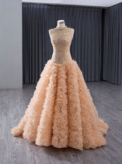 Orange Tulle Mermaid Ruffles Beading Crystal Prom Dresses