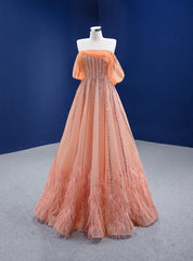 Orange Tulle Sequins Beading Feather Hand Work Prom Dresses