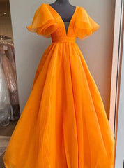 Orange V-neck Pleats Organza Prom Dresses