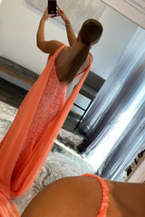 orange watteau train sequins long prom dress